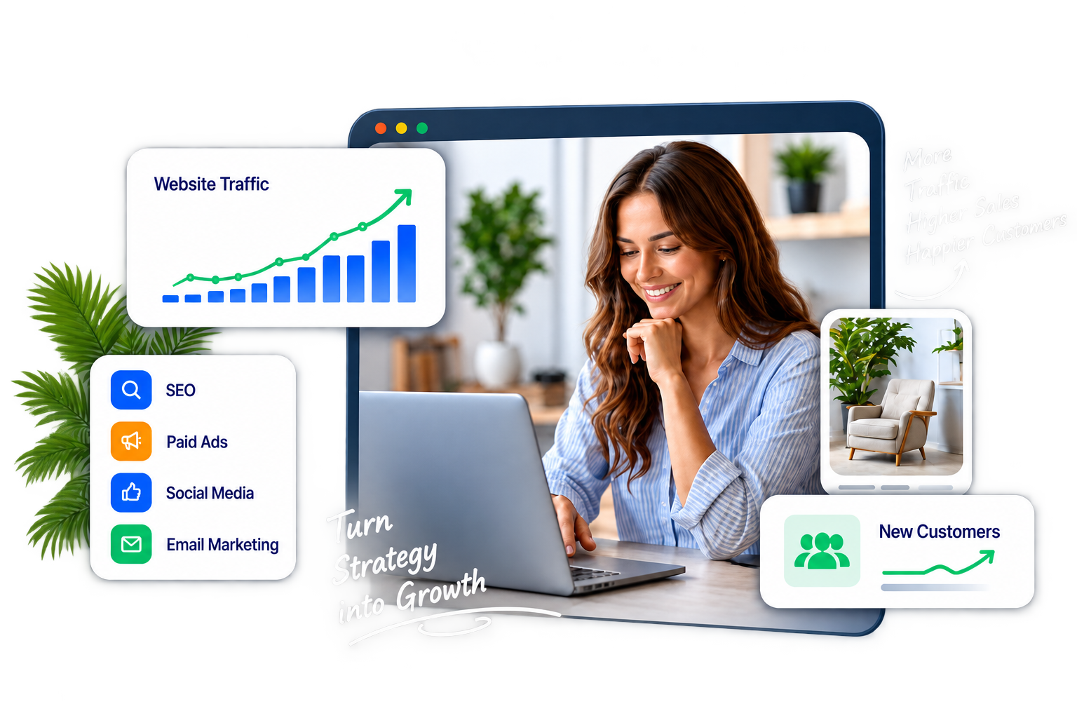 Digital marketing workspace with campaign channels and growth insights