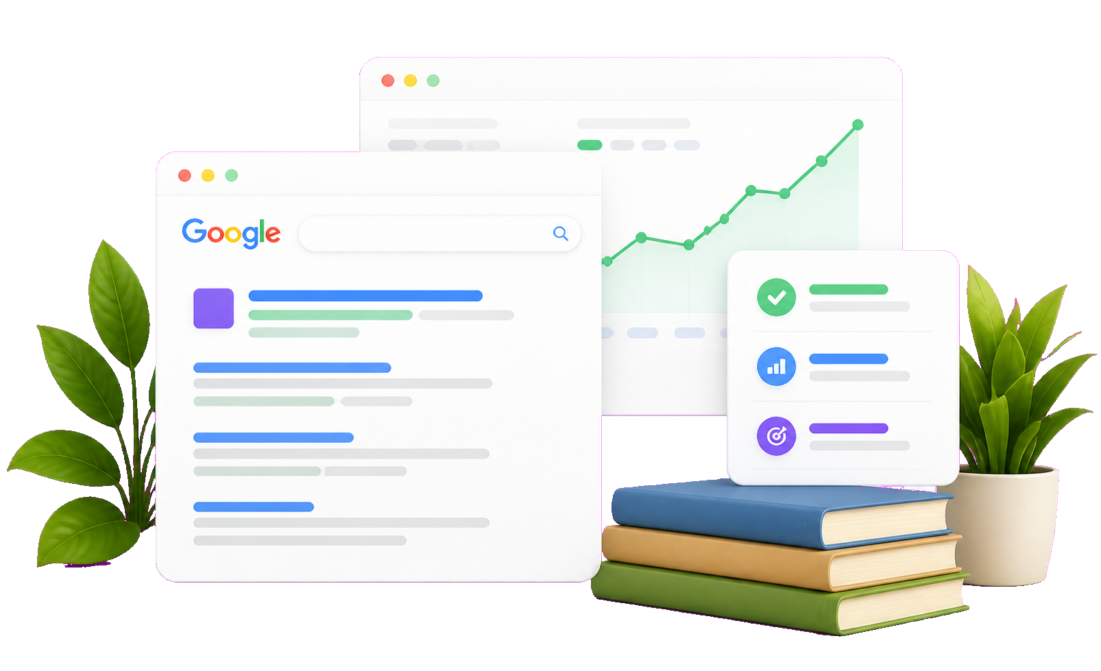 Layered search results and organic traffic dashboards surrounded by plants and books