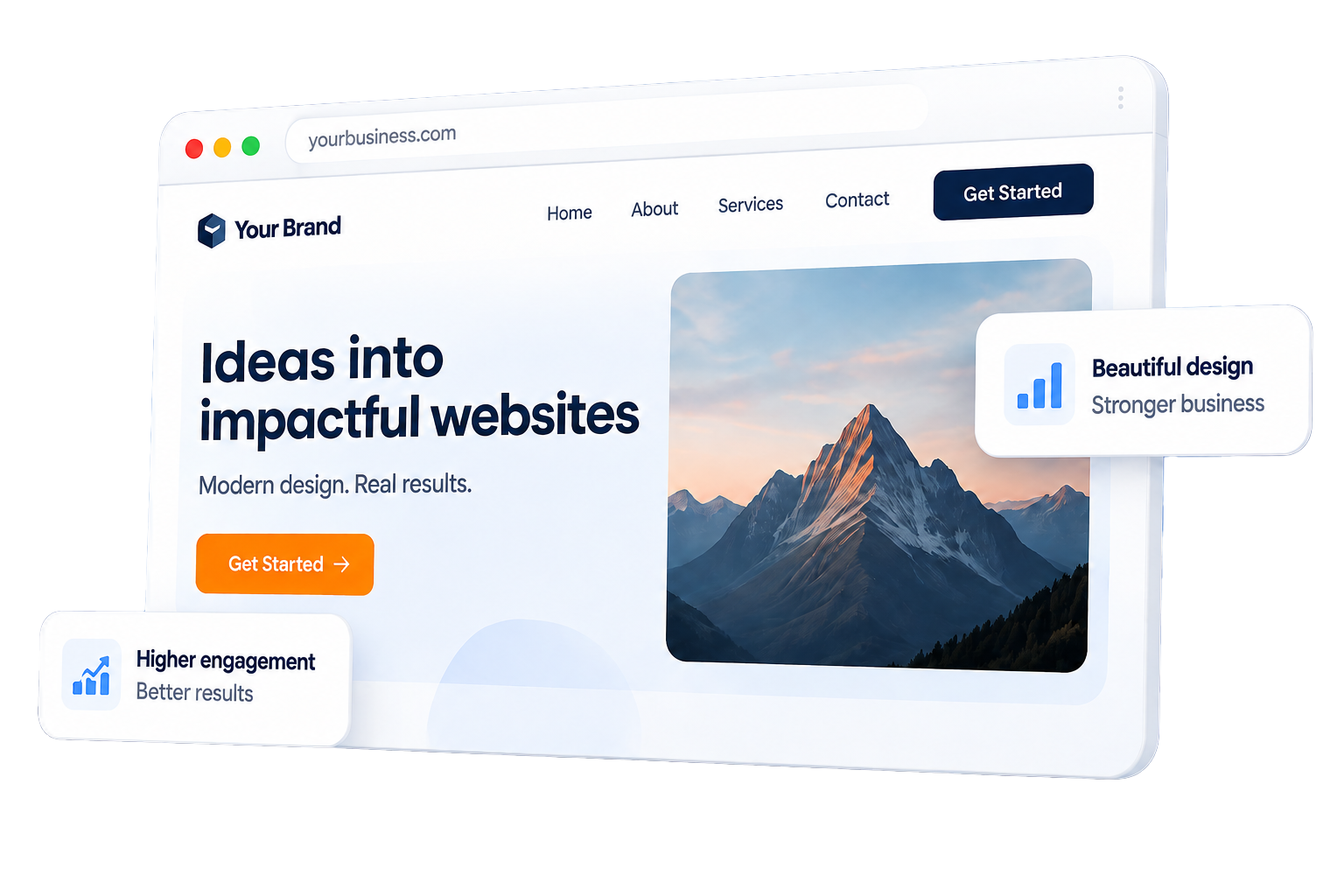 Custom business website preview with design and engagement highlights